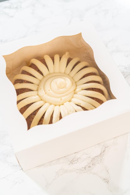 Sweet treat carrot bundt cake in paper box