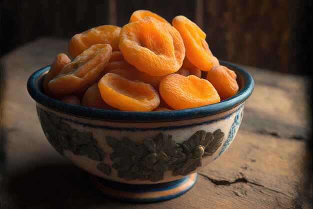 Sweet treat in form of dried apricots lying in deep bowl on table