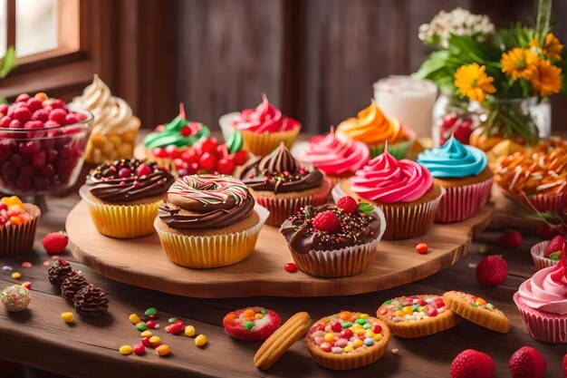 Sweet treats decorate wooden table for celebration generated by ai