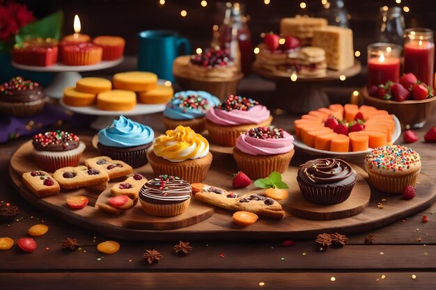 Photo sweet treats decorate wooden table for celebration generated by ai