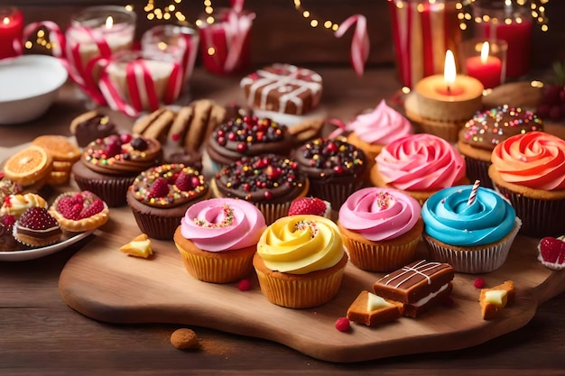 Photo sweet treats decorate wooden table for celebration generated by ai