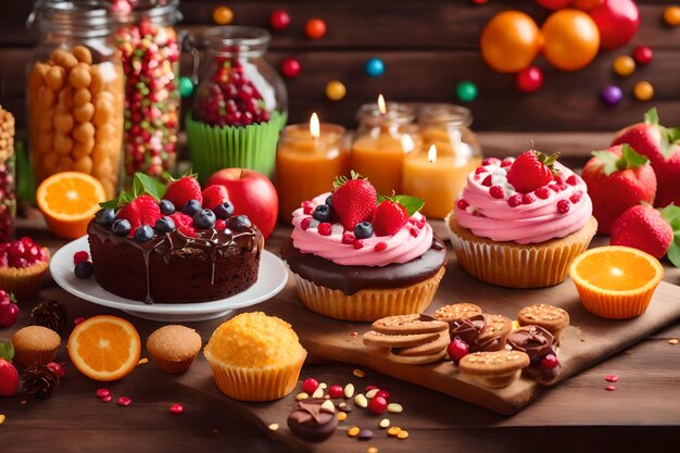 Photo sweet treats decorate wooden table for celebration generated by ai