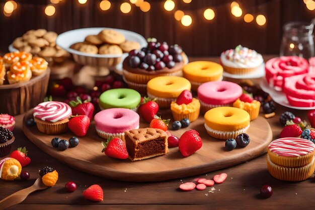 Sweet treats decorate wooden table for celebration generated by ai