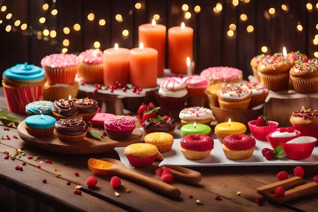 Photo sweet treats decorate wooden table for celebration generated by ai