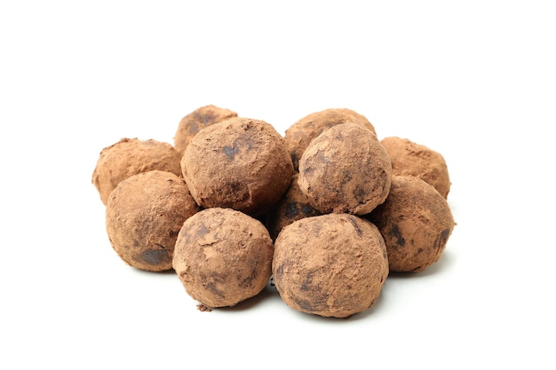 Sweet truffles isolated on white background, close up