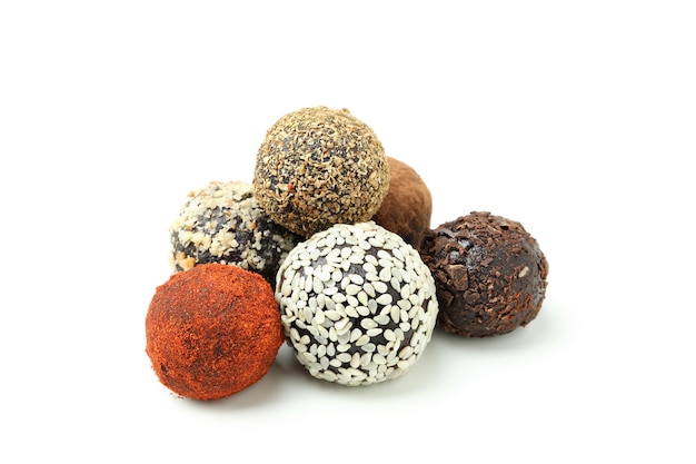 Sweet truffles isolated on white background, close up