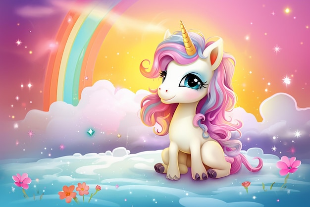 sweet unicorn sitting on the rainbow with stars