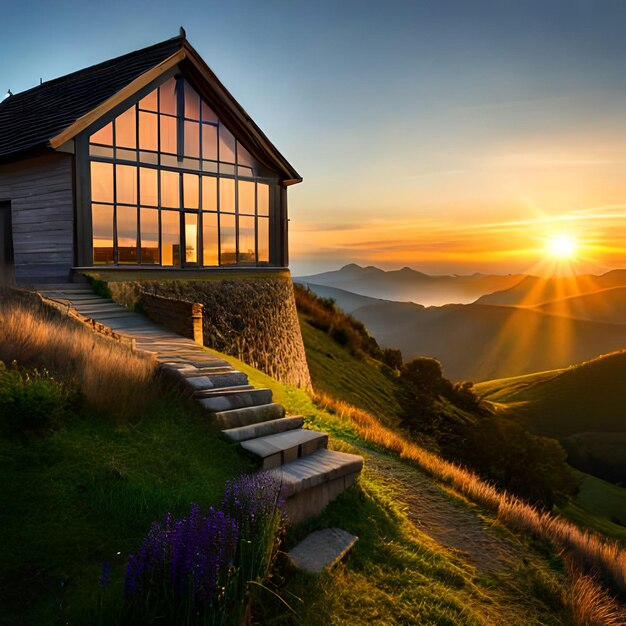 Photo sweet village on a hill with a sunset