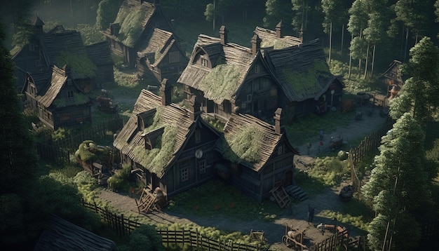 Sweet village houses in the forest swanLakeside Generative Ai