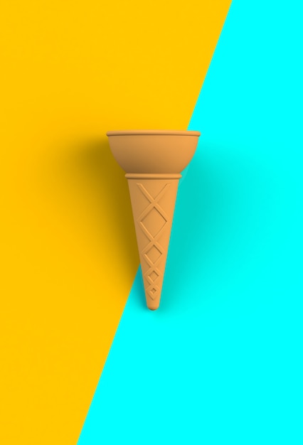 Photo sweet wafer cone on blue and yellow background, 3d rendering