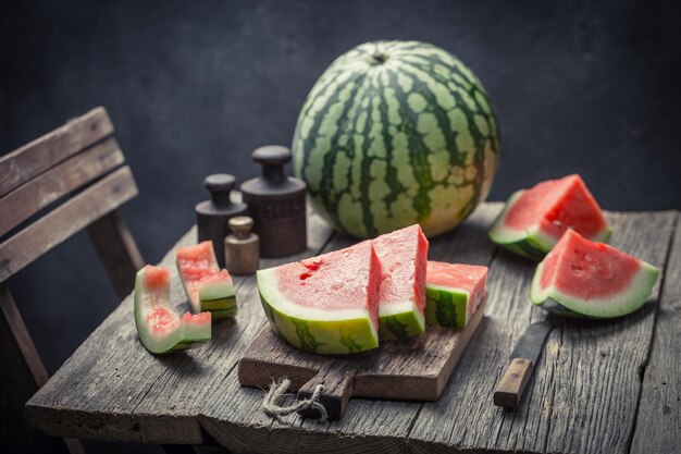 Sweet watermelon in a old rustic kitchen