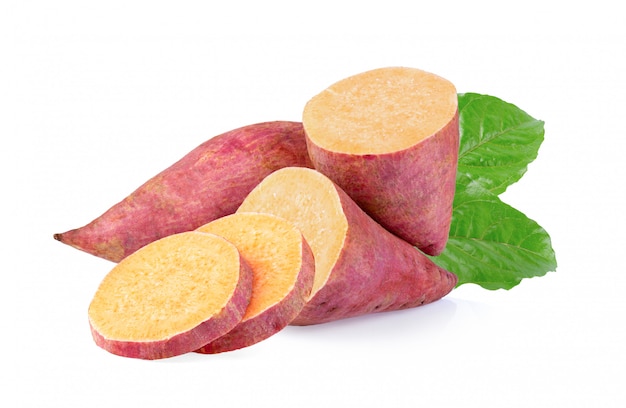 Sweet yam potato with leaf on the white