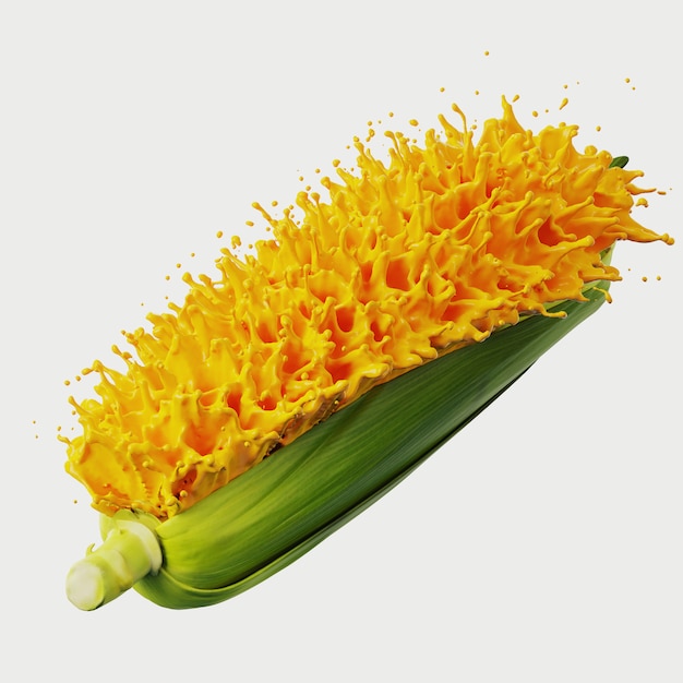 Photo sweet yellow corn splash on white background. 3d rendering illustration.