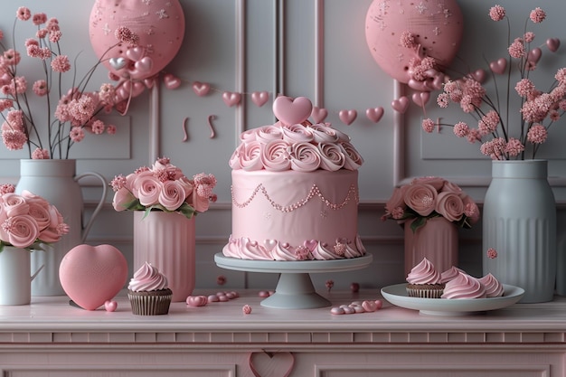 가장 달한 발렌타인 데이 장식 3D로 렌더링 된 현대적인 물체 케이크 컵케이크 선물 상자 및 심장