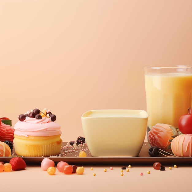 Sweets and cake and cute cup on blurred peach color background for cute and food design