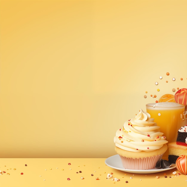 Sweets and cake and cute cup on blurred soft yellow background for cute and food design