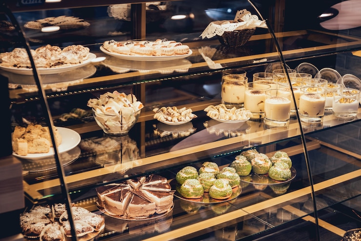 Photo sweets and cakes in showcase