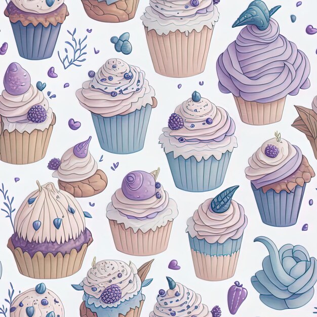 Foto collezione di dolci dolci nello stile disegnato a mano di crema e cupcake