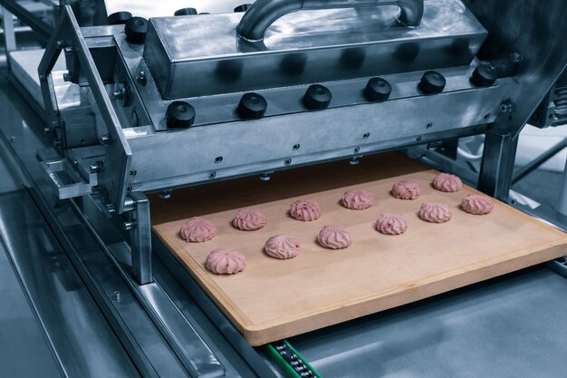 Sweets factory. Sweets production process. Conveyor belt with sweets on it.