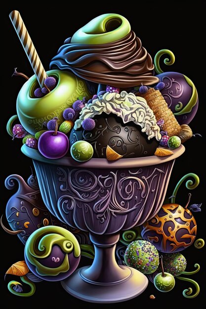 Photo sweets in halloween bowler over dark violet background