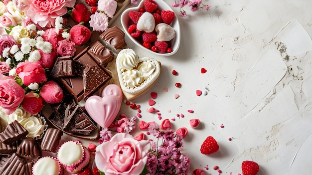 Sweets strawberries chocolate and cookies adorn a Valentines Day charcuterie board providing a