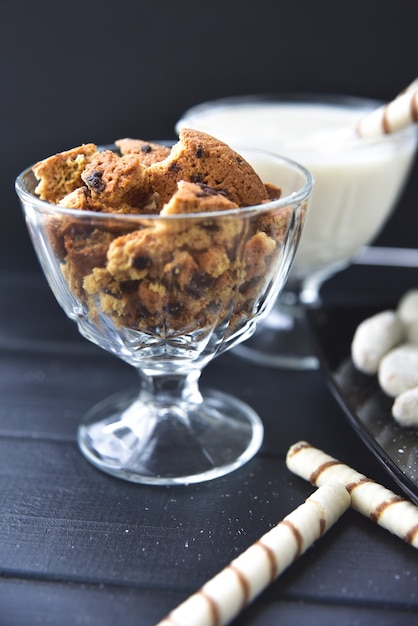 Sweets with milk and cookies