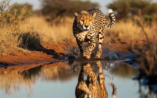 Swift cheetah loopt langs rustige wateren