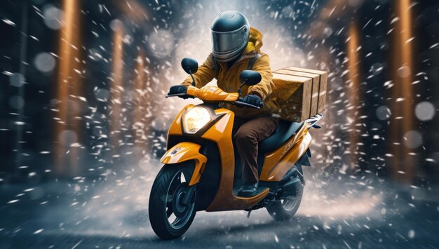Photo swift deliveries delivery man on motorbike in motion providing speedy transportation and efficient service for online orders and express shipping