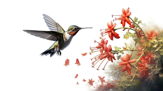 Swift hummingbird photo realistic illustration - Generative AI. Colorful, hummingbird, red, flower, beak.