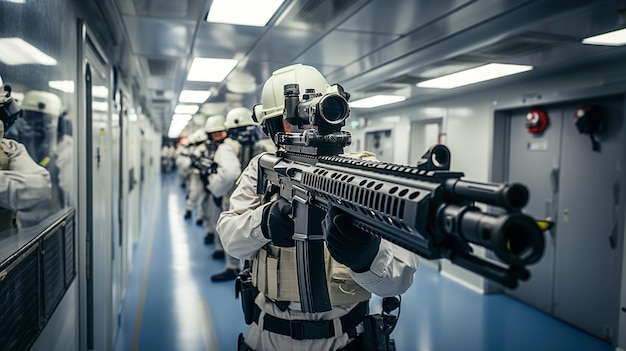 Swift and Precise a SWAT Team Scanning a School Hallway