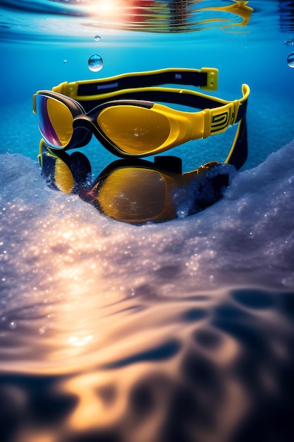 Photo swim goggles floating in a swimming pool with splashing water and droplets swim team exercise