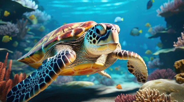 swim with sea turtle on coral reefs