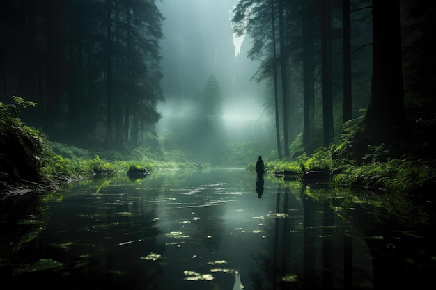 Swimmer crosses hazy lake at dawn surrounded by serenity and mist generative IA