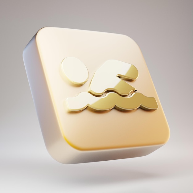 Swimmer icon. Golden Swimmer symbol on matte gold plate. 3D rendered Social Media Icon.