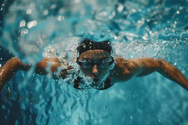 a swimmer is swimming under water in a pool