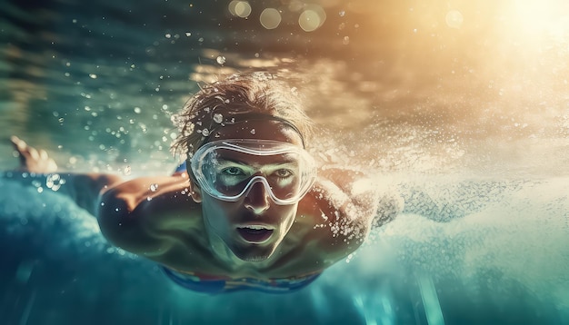 A swimmer in points in competition is focused on winning