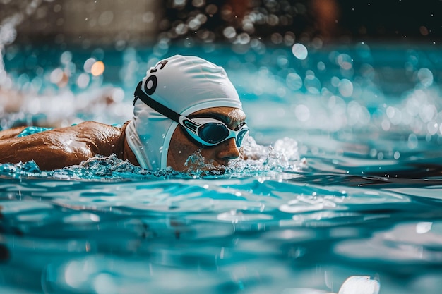 a swimmer swimming in a pool with the number 8 on his head