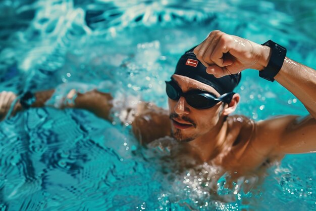 A swimmer wearing a waterproof fitness tracker in generative ai