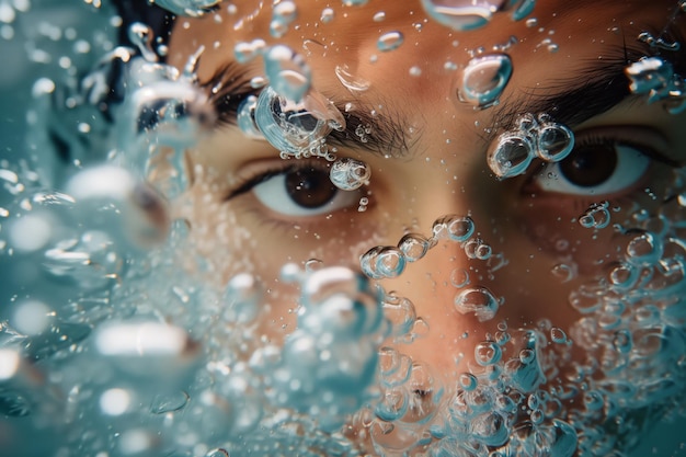 Photo swimmers face closeup with bubbles midbreath