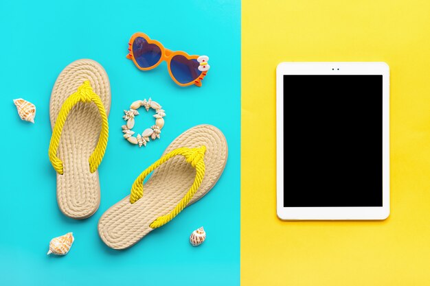 Swimming accessories - trendy heart - shaped glasses, summer flip flop, shells, tablet