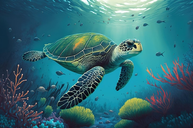 Premium Photo  Swimming in blue water with a sea turtle Cute sea