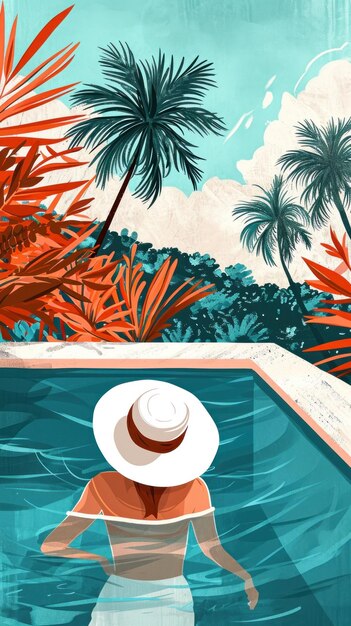 a swimming holiday illustration with an attractive woman in a hat lounging in the pool