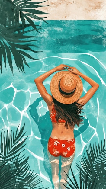 иллюстрация праздника плавания с привлекательной женщиной в шляпе, отдыхающей в бассейне