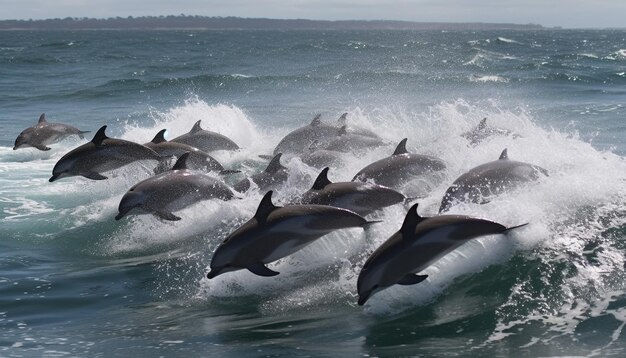 写真 人工知能が生成した紺碧の波しぶきの中でジャンプして泳ぐ哺乳類