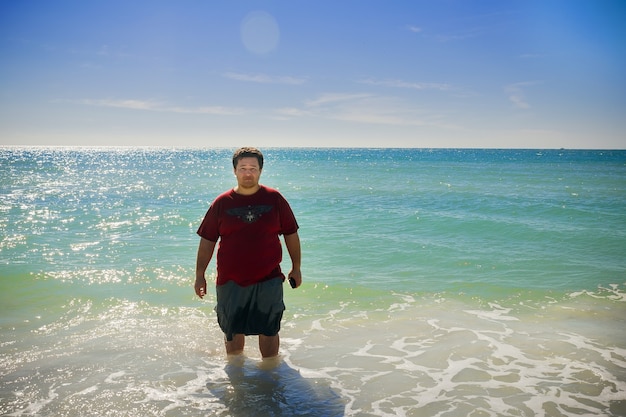 Swimming man and clean ocean water