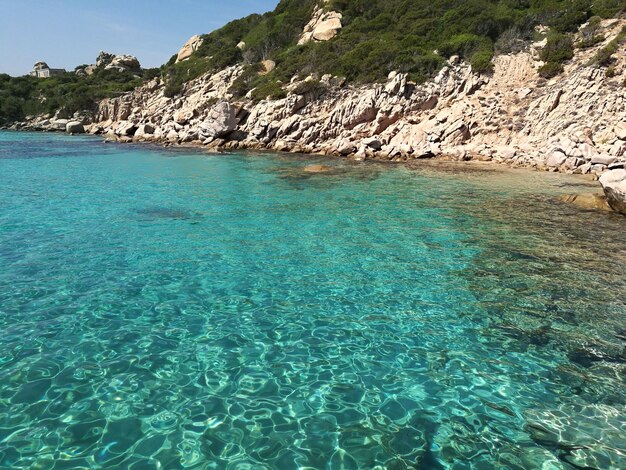 Swimming pool by sea against sky