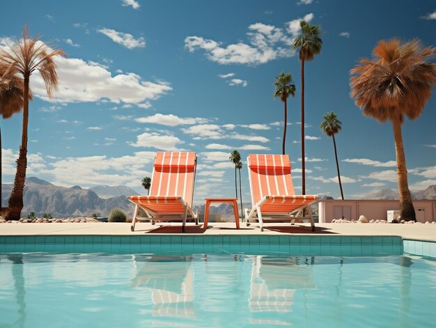 Photo swimming pool and chairs with umbrellas and palm trees