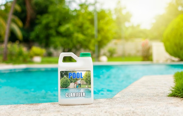 Swimming pool clarifier pool purification and cleaning tool Algaecide product to clarify home swimming pools concept of pool purifying chemicals