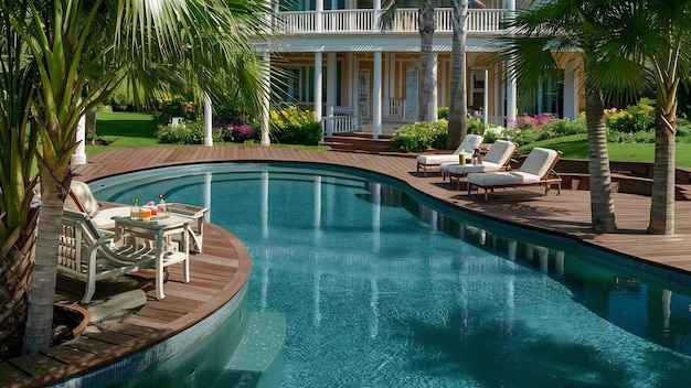 Photo swimming pool and decking in garden of luxury home