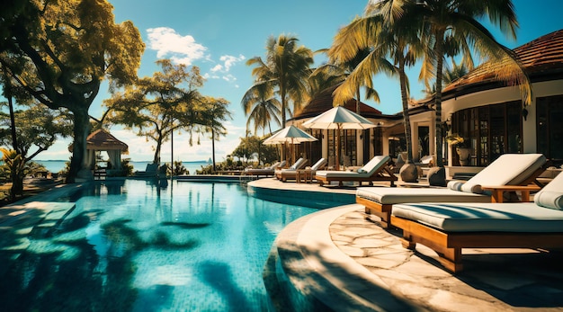 a swimming pool in front of palm trees and coconut palms